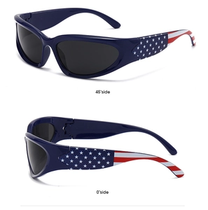 Detail showing the American flag pattern and blue frames on the sports sunglasses
