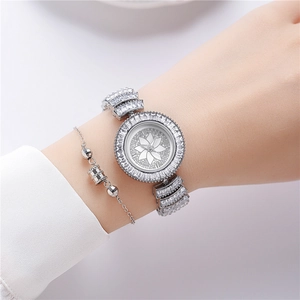 Women's silver quartz watch with crystal bezel and matching minimalist bead bracelet set
