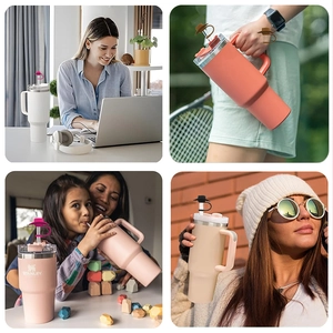 Collage bunter großer Trinkbecher mit niedlichen Strohhalm-Hut-Abdeckungen im Alltag