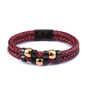 Layered Woven Leather Bracelet For Men With Stainless Steel Beads And Magnetic Clasp