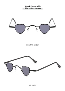Detailed front and 45-degree angle views of heart-shaped black metal sunglasses
