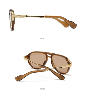 Side and back view of aviator sunglasses with brown frame and gold metal temples