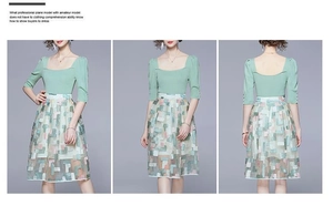 Three-view detail of knitted square neck top and embroidered organza skirt set
