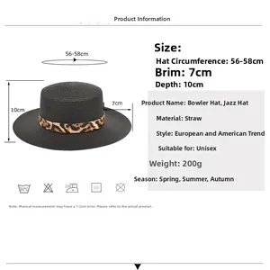 Cappello di paglia in stile francese con fascia leopardata e cima piatta per le vacanze