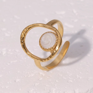 French vintage 18k gold plated open stainless steel ring with white swirl inlay