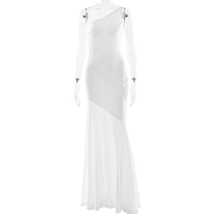 Elegant white one-shoulder mermaid maxi dress with sheer mesh paneling and slim fit