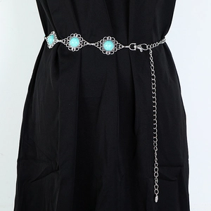 Silver metal waist chain belt featuring turquoise stone inlays and lobster clasp