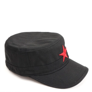 Close-up of black cotton cadet cap with red star embroidery and flat top design