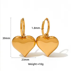 Polished gold stainless steel heart charm hoop earrings, height 39mm, weight 10g for women