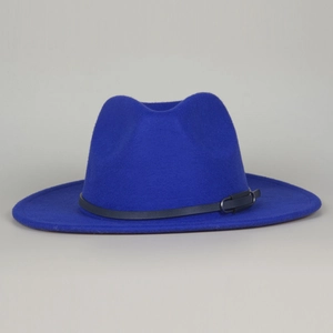 Detailed view of the royal blue wool felt fedora featuring a blue leather band and silver buckle