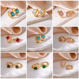 Vintage Stainless Steel Hoop Earrings Colorful Cubic Zirconia Heart Star Geometric Dangle Fashion Jewelry Gifts For Women