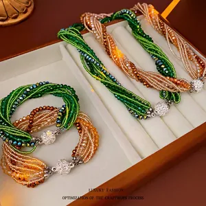 Collier Et Bracelet En Perles De Cristal Torsadées Multi Couches Pour Femmes Avec Fermoir Magnétique En Strass Bijoux En Alliage