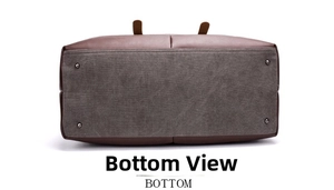 Detailed bottom view of travel bag featuring brown leather and four metal protective feet