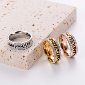 Stainless Steel Ring With Double Row Rhinestones Cuban Chain Link Design For Women Simple Fashion Jewelry