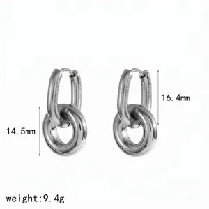 Detail view of 18k gold plated double hoop earrings with size measurements and weight