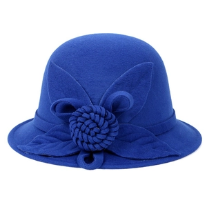 Elegant royal blue wool cloche hat for women featuring a handmade felt floral accent