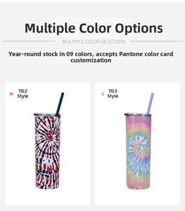 Detail view of red-blue and rainbow tie-dye 20oz skinny tumblers with straws