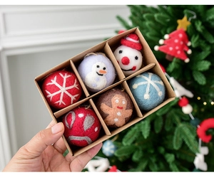 Detail of 6pcs wool felt Christmas ornaments including snowman and snowflake in a gift box