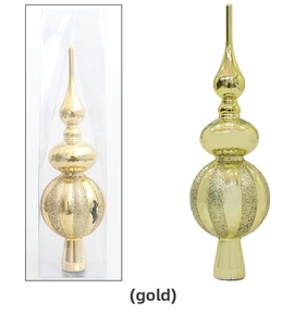 Dettaglio del puntale per albero di Natale dorato con brillantini in scatola PVC