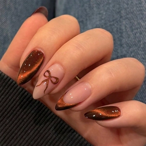 Ongles À Presser Oeil De Chat Forme Amande Design Papillon Français Moyen Long Ambre Brun Rose Faux Ongles Pour Femmes