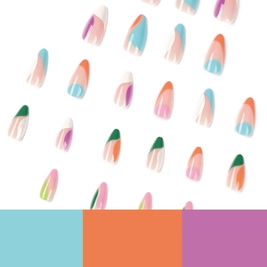Colorful abstract wave pattern almond fake nails set with vibrant color block accents