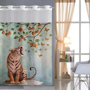 Detail of waterproof tiger and floral print shower curtain with metal grommets
