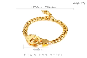 Macro detail of gold stainless steel handcuff link bracelet with size and weight specs