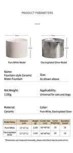 Detailed size chart for ceramic pet fountain showing 15cm diameter and 11cm height dimensions
