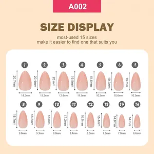 Detailed size chart for 15 glossy solid color press-on nails with measurements in mm