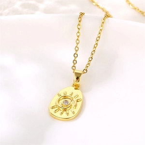 18K gold sun evil eye pendant necklace with inset diamond and delicate O-chain