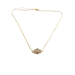 Gold Hamsa Hand necklace featuring vibrant multi-colored zircon stones on a fine chain