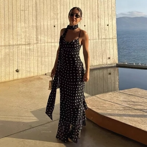Polka dot camisole maxi dress with matching scarf set for resort wear styling