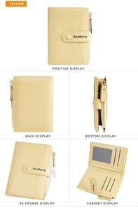 Detailed multi-angle views of yellow leather wallet with zipper pocket and card slots