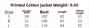Detailed size chart for vintage ethnic print long sleeve cotton jacket