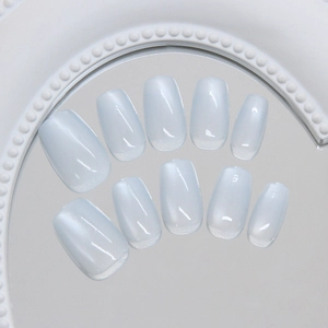 Elegant ice blue cat-eye press-on nails with silky pearl finish in 10-piece set