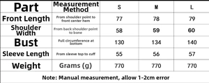 Detailed size chart for hooded cotton coat showing chest, shoulder, and sleeve measurements