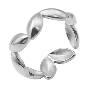 Detailed view of silver leaf-shaped stainless steel ring with delicate leaf vein texture