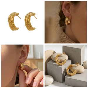 Detailed views of gold-tone C-shaped earrings with unique molten textured metal surface