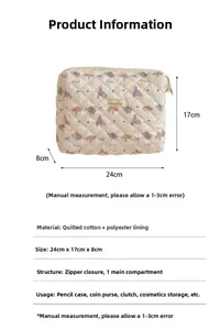 Quilted cotton makeup bag with elephant patterns, zipper closure, size 24x17x8cm