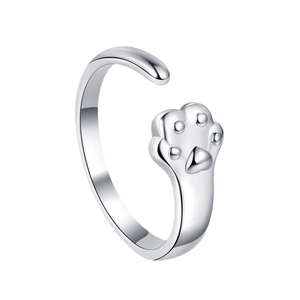 Polished silver cat paw open ring for women with minimalist animal footprint design