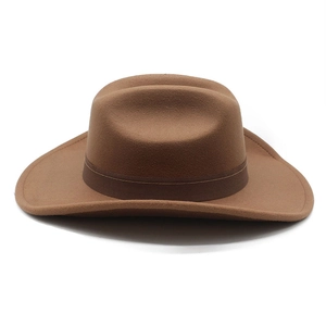 Detailed side view of a brown wool felt fedora featuring a matching trim and wide brim