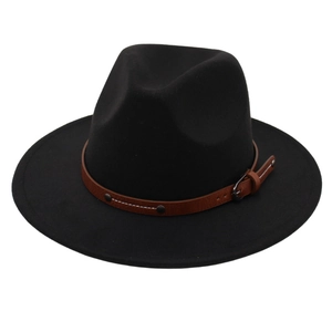 Classic black felt fedora hat with a brown leather belt buckle strap on white background