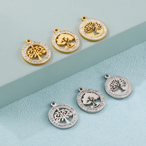Tree Of Life Pendant Stainless Steel Round Hollow Wishing Tree Charm With Rhinestone Zirconia For Jewelry Making
