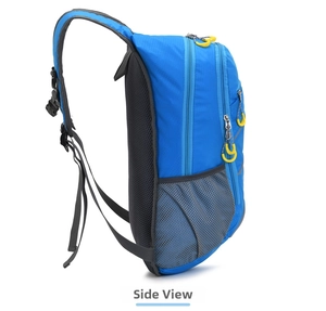 Side view of blue outdoor backpack showing breathable mesh padding and yellow zipper pulls