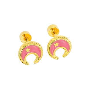 Detail view of 18k gold moon and star stud earrings with pink enamel and screw back design
