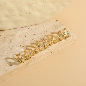 Elegant 14K gold plated hoop earrings featuring colorful cubic zirconia on stone base