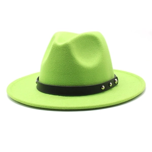 Detailed view of neon green wool fedora hat featuring black leather band with silver studs