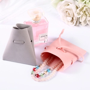 Pink and grey microfibre jewelry pouches with drawstring for rings and necklaces