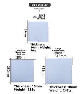 Size chart for square chessboard silicone molds in three distinct dimensions and weights
