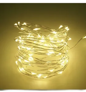Close-up of warm white LED fairy lights on thin silver copper wire for holiday decor